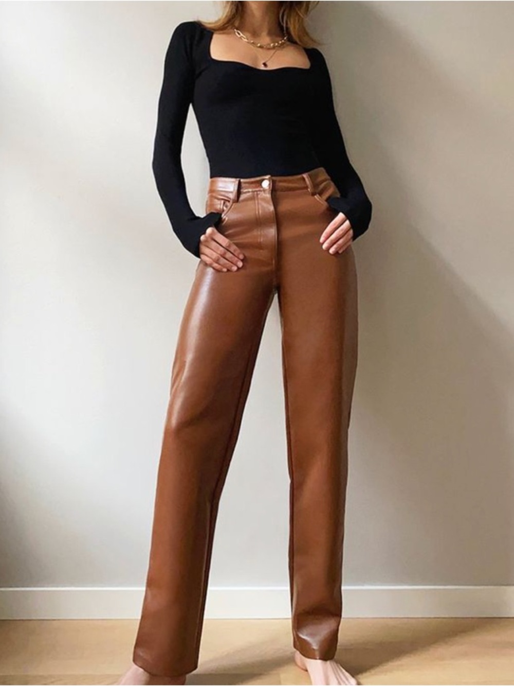 Aritzia Faux Leather Melina Pant - Brown/Cognac